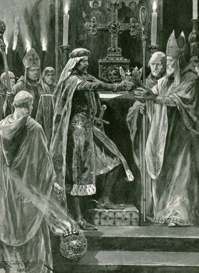 Richard I. übergibt die Krone dem Erzbischof vor der Krönung von Richard Caton Woodville junior