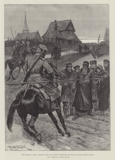 Die Hungersnot in Russland, Kosakenpatrouille in der Nähe von Kasan verhindert, dass die Bauern ihr Dorf verlassen von Richard Caton Woodville junior