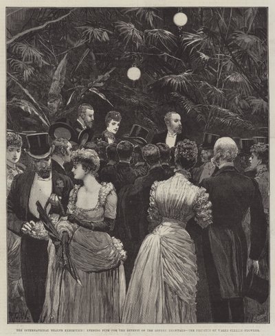 Die Internationale Gesundheitsausstellung, Abendfest zugunsten der Londoner Krankenhäuser, die Prinzessin von Wales verkauft Blumen von Richard Caton Woodville junior