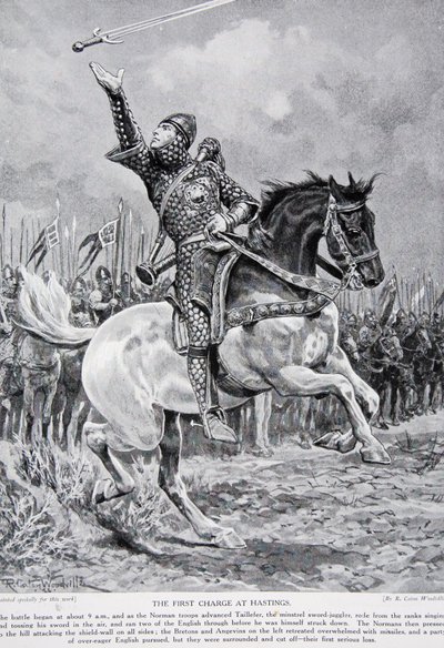 Der erste Angriff bei Hastings: Taillefer der Minnesänger-Schwertjongleur ritt aus den Reihen, sang und warf sein Schwert in die Luft, 1066, Illustration aus 