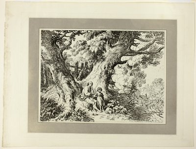 Alte Bäume mit altem Mann, einem Mädchen und einem Hund, aus der ersten Ausgabe von Specimens of Polyautography von Richard Corbould