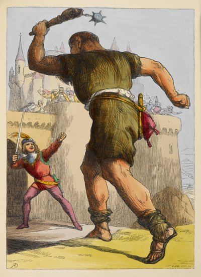 Jack bereit, gegen einen Riesen vor einer Burg zu kämpfen. Farbige Illustration in einem Kinderbuch von Richard Doyle