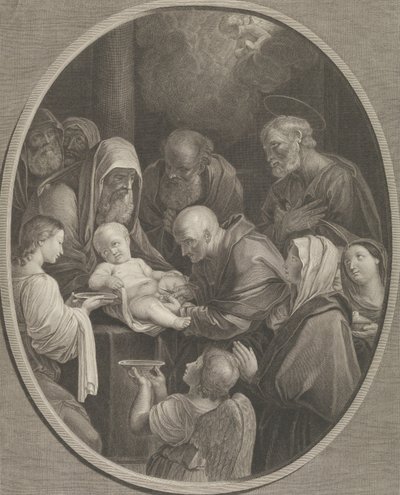 Die Beschneidung Christi, eine Gruppe von Männern und Frauen um ihn herum, ein Engel im Vordergrund von Richard Earlom