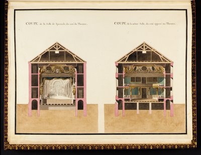 Schnitt des Theatersaals von der Theaterseite & Schnitt des gleichen Saals von der gegenüberliegenden Seite, aus Recueil des plans du Petit Trianon von Richard Mique von Richard Mique