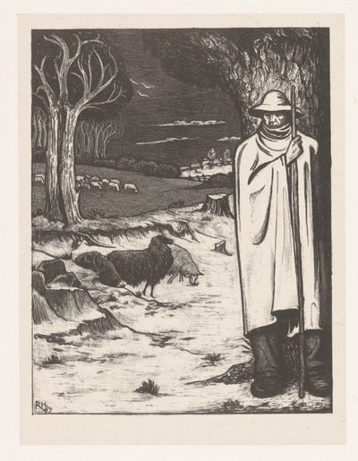 Hirte mit einer Schafherde in einer Hügellandschaft von Richard Nicolaüs Roland Holst