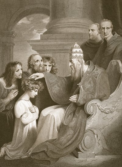 Prinz Alfred vor Papst Leo III., graviert von J. Stow, Illustration aus David Humes 