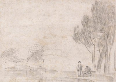 Ruinen des Tempels der Minerva?, Zwei Figuren am Flussufer von Richard Wilson