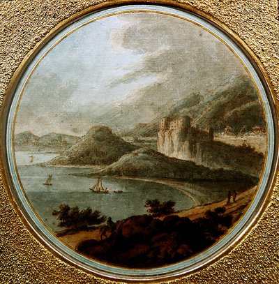 Schloss über einer Meeresbucht mit Schiffen, um 1775 von Robert (attr. to) Adam