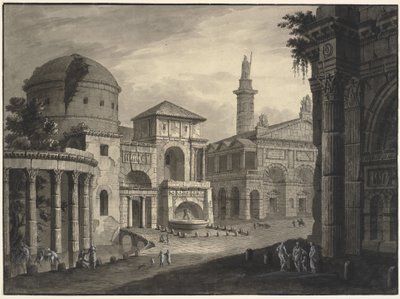 Architektonische Fantasie einer antiken Stadt mit einem Platz und vielen Gebäuden, einige teilweise in Ruinen von Robert Adam