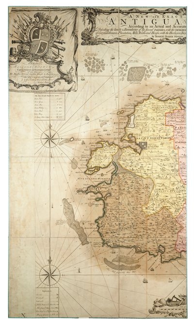 Neue und genaue Karte der Insel Antigua in Amerika, nach einer Vermessung in den Jahren 1746-1748 von Robert Baker