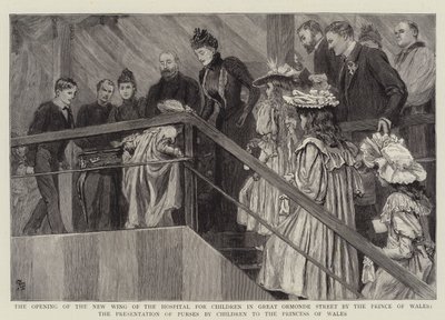 Die Eröffnung des neuen Flügels des Kinderkrankenhauses in der Great Ormonde Street durch den Prinzen von Wales, die Übergabe von Geldbörsen durch Kinder an die Prinzessin von Wales von Robert Barnes