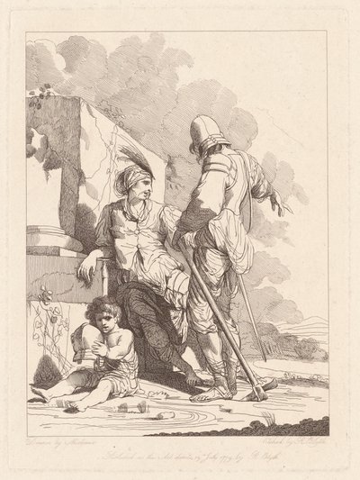 Zwei Soldaten und ein Kind, das einen Helm hält von Robert Blyth, after John Hamilton Mortimer