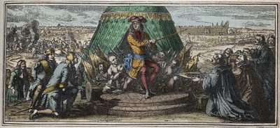 Der Bau der Invaliden in 1670 - Allegorie der Gründung des Hôtel des Invalides - Ludwig XIV. zeigt seinen alten verstümmelten Soldaten das im Bau befindliche Hôtel des Invalides - Gravur von Robert Bonnart (1652-1729). von Robert Bonnard