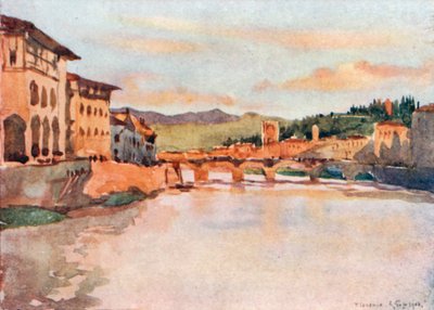 Blick nach Osten von der Ponte Vecchio bei Sonnenuntergang, mit dem Hügel von S Miniato und der Ponte Alle Grazie von Robert Charles Goff
