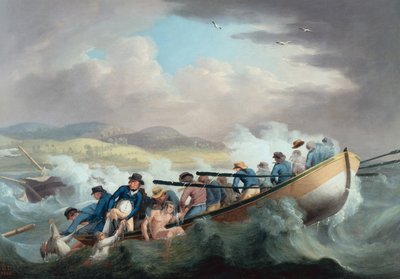 Überlebende eines Schiffbruchs vor der Isle of Wight werden von der Besatzung der H.M.S. Juno gerettet von Robert Dodd