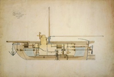 Originalzeichnung des Nautilus, des ersten Unterseeboots (U-Boot), präsentiert von seinem Erfinder Robert Fulton (1765-1815) dem amerikanischen Senat im Jahr 1806 von Robert Fulton