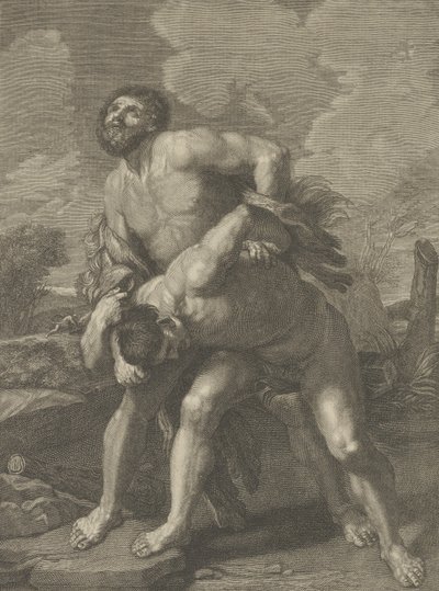 Herkules trägt ein Löwenfell und kämpft gegen Achelous, eine Landschaft im Hintergrund, ca. 1713-72 von Robert Hecquet