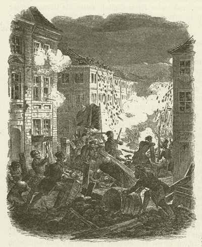 Kämpfe an einer Barrikade vor dem Kolln Rathaus in Berlin in der Nacht vom 18. auf den 19. März 1848 von Robert Kretschmer