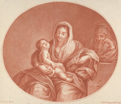 Die Jungfrau sitzt mit dem schlafenden Christuskind auf ihrem Schoß, rechts die Heilige Elisabeth von Robert Menageot