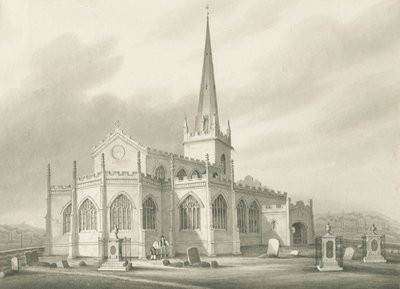 Wednesbury - St. Bartholomäus Kirche: Sepia-Waschzeichnung, undatiert [1827] von Robert Noyes