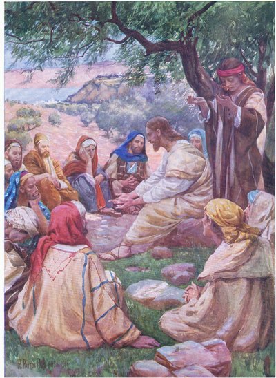 Jesus lehrt seine Jünger zu beten, aus Das Bibelbilderbuch, veröffentlicht von Thomas Nelson, ca. 1950 von Robert Payton Reid