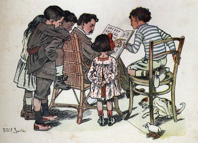 Kinderbuch „Ich werde lesen - Methodisches und lustiges Alphabet von einem Vater“ 1926. Illustration von Robert Salles (1871-1929). Ein Familienvater bringt Kindern das Lesen bei von Robert Salles
