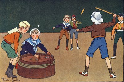 Die Osselets und der Quinet. Gravur in „Was spielen wir?“ von E. Weber mit Aquarellzeichnungen von Robert Salles (1871-1929). Librairie Garnier Freres, Paris von Robert Salles