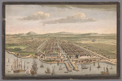 Ansicht der Stadt Batavia, Die Stadt Batavia auf der Insel Java und Hauptstadt aller niederländischen Fabriken und Siedlungen in Ostindien (Titel auf dem Objekt), Niederlassungen der VOC (Serientitel) von Robert Sayer