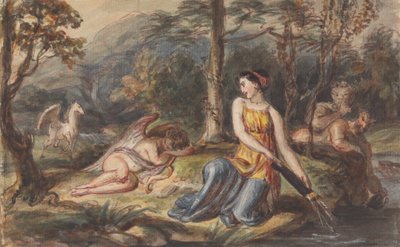 Diana, Göttin der Jagd, mit Satyrn, schlafendem Amor und einem Pegasus in einer bewaldeten Landschaft von Robert Smirke