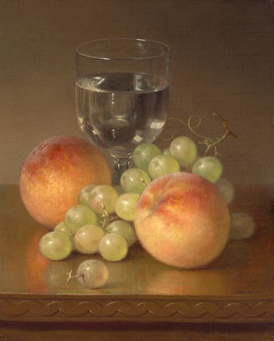 Stillleben, Weinglas, zwei Pfirsiche von Robert Spear Dunning