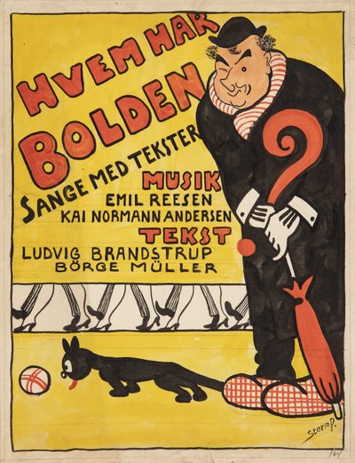 Vorlage für Titelblatt zu "Hvem har Bolden". Karikiertes Porträt von Carl Alstrup von Robert Storm Petersen