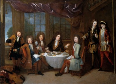 Schinkenfrühstück. Männer des Adels teilen ein kaltes Fleischessen von Robert Tournieres