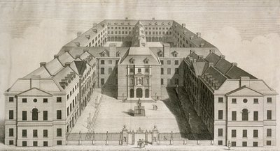 Vogelperspektive des Guys Hospital, Southwark, mit Figuren im Hof, graviert von William Henry Toms, ca. 1756 von Robert West