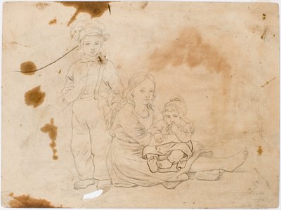 Kinder aus Småland, Mädchen mit Kind im Arm und stehender Junge daneben von Robert Wilhelm Ekman