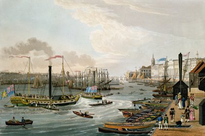 Ansicht der London Bridge und des Zollhauses mit den Margate-Dampfjachten, veröffentlicht 1820 von Colnaghi und Co. von Robert the Elder and Younger Havell