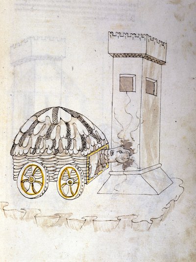 Kunst des Krieges: Studie über militärische Maschinen. Eine Maschine, die mit einem Panzer eine Turm angreift, Illustration aus 
