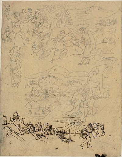 Skizzen biblischer Szenen, Stadt am See, Bergdorf, Krieger von Rodolphe Bresdin