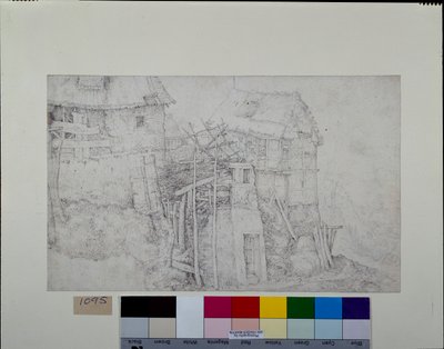Reetgedeckte Behausungen, teilweise in Ruinen, an einem Berghang von Roelandt Jacobsz. Savery