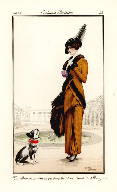 Frau im Morgenoutfit aus Wollsamt mit Skunksfellbesatz mit Haustierhund Tailleur du matin en velours de laine orné de skungs. Handkolorierte Pochoir (Schablonen) Radierung nach einer Illustration von Roger Broders aus Tommaso Antonginis Journal des Dames e von Roger Broders
