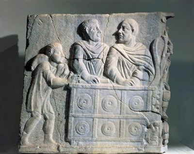 Fragment eines Sarkophags, das einen Geldwechsler darstellt, aus Rom, Viale del Re von Roman