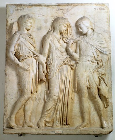 Hermes, Orpheus und Eurydike, Relief, römische Kopie eines griechischen Originals aus dem 5. Jahrhundert v. Chr. (Marmor) von Roman