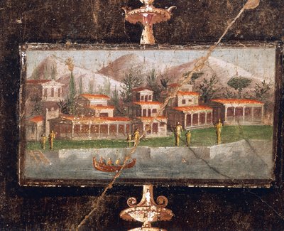 Landschaft und Architektur in Wandmalerei im Tablinum, Haus des Marco Lucrezio Fronto, Pompeji, Kampanien, römische Zivilisation von Roman