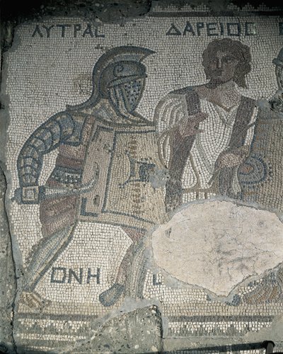 Gemälde von zwei Gladiatoren auf einer Mosaikwand, Kourion, Limassol, Zypern von Roman