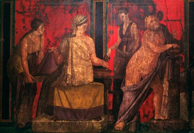 Priesterin und ein Silen, der eine Lyra spielt, Szene aus der Einweihung in die dionysischen Mysterien, Triclinium der Villa der Mysterien, Pompeji von Roman