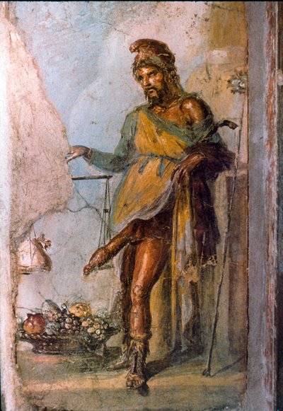 Darstellung der griechischen Gottheit Priapus, Gott der Fruchtbarkeit, mit riesigem ständig erigiertem Penis. Detail eines Freskos aus Pompeji. Casa dei Vettii. 1. Jahrhundert n. Chr. von Roman