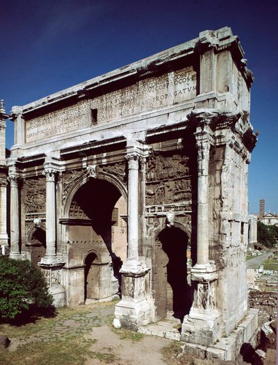 Römische Kunst: Triumphbogen des römischen Kaisers Septimius Severus (Lucius Septimius Severus) (146-211) realisiert im Jahr 203 n. Chr., Römisches Forum, Rom von Roman
