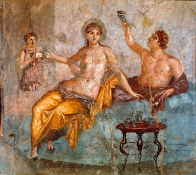 Römische Kunst: Bankettszene, ein junger Mann und eine Kurtisane. Römisches Fresko des 4. pompejanischen Stils von der Stätte Ercolano (Herculaneum) 60-80 n. Chr. von Roman