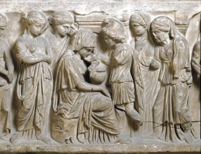 Römische Antike: „Die Traurigkeit des Phaedrus, verliebt und von Hippolytus zurückgewiesen“. Flachrelief eines Sarkophags namens „Phaedrus und Hippolytus“. 3. Jahrhundert n. Chr. Palermo, Museo Archeologico Nazionale von Roman