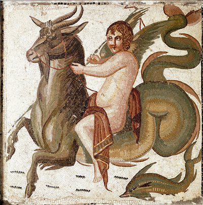 Römische Kunst: „Amor reitet auf einem Meereswesen“ (Mosaik aus einer Villa der Familie von Kaiser Septimius Severus, Ende 2. Jahrhundert n. Chr.) von Roman