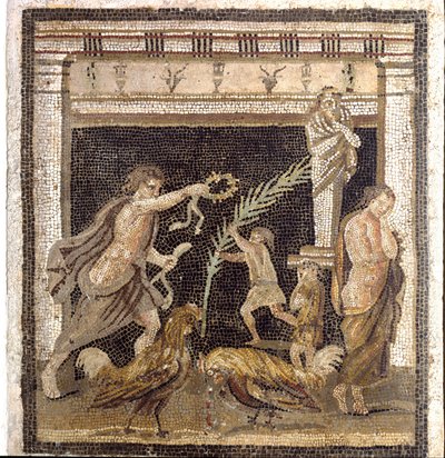 Römische Kunst: Hahnenkampf in einer Palestra in Anwesenheit der Personifikationen von Niederlage und Sieg. Mosaik aus der Villa des Labyrinths in Pompeji. 2. Stil. Archäologisches Nationalmuseum, Neapel von Roman